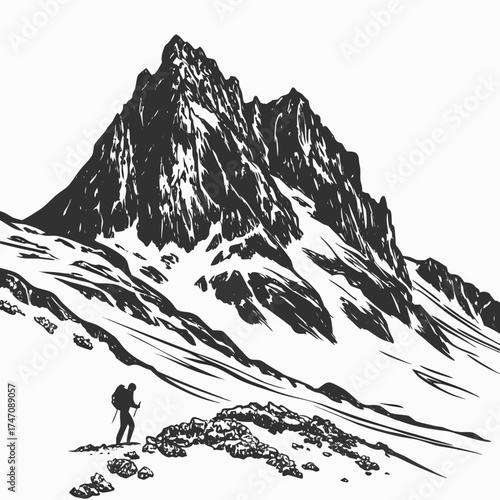 Black and white vector illustration of a lone hiker on a rocky slope below a snow-capped mountain