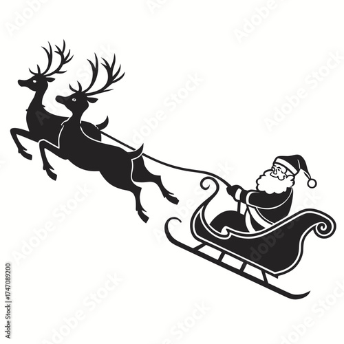 Black silhouette of Santa Claus in a sleigh pulled by reindeer