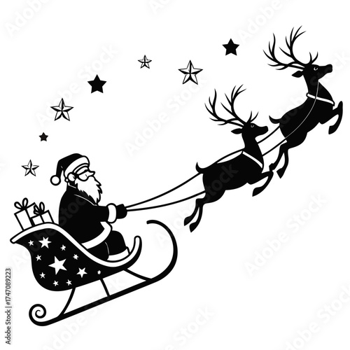 Black silhouette of Santa Claus in sleigh pulled by reindeer 1