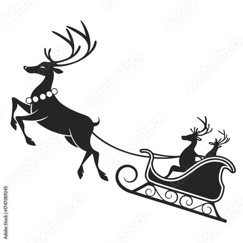 Black silhouette reindeer pulling ornate sleigh white