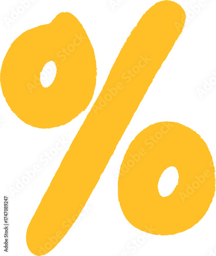 Hand-drawn yellow percentage symbol with rough textured edges, symbolizing discounts, deals, and sales in a playful graphic style.