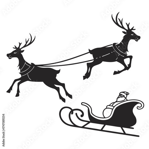 Black silhouette reindeer pulling Santa sleigh vector