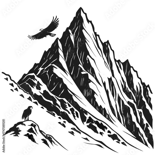 Black vector silhouette of rugged mountain peak with eagles