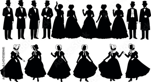 Victorian-era silhouette icon set with men and women in 19th-century fashion, black vector design for history, costume, and cultural themes