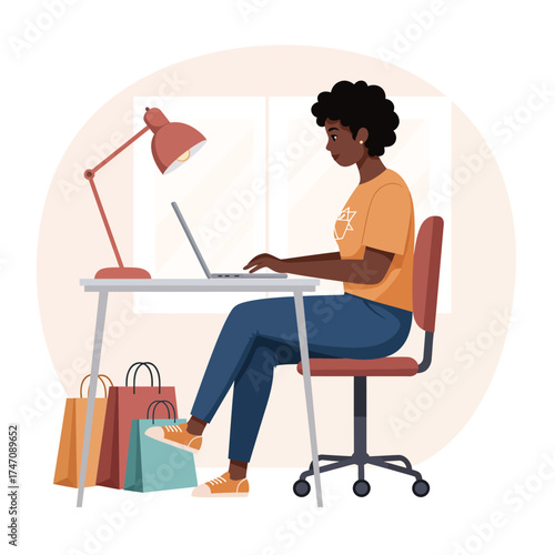 African american woman typing on laptop at desk with shopping bags and desk lamp illustration illustration