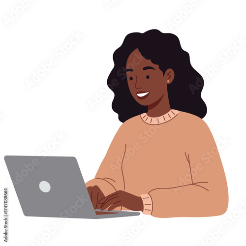 Young black woman smiling working on laptop computer in casual sweater flat design illustration