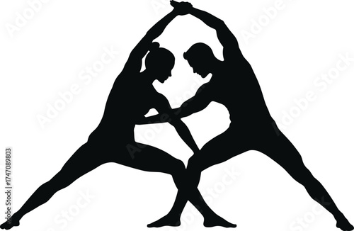 Silhouette of man and woman performing yoga balance pose together in harmony and strength vector design