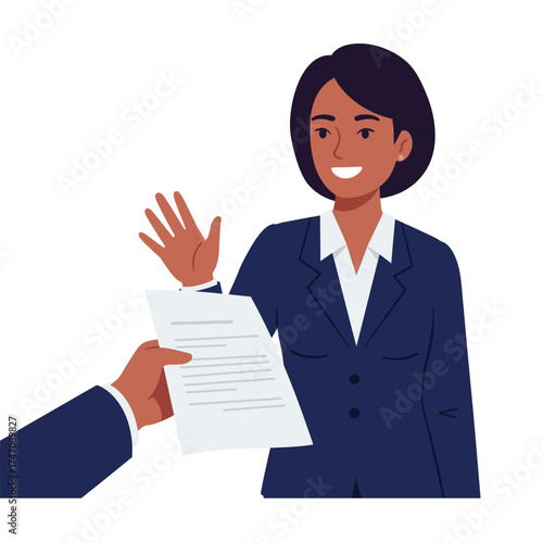Businesswoman receives document from hand professional meeting handshake agreement illustration