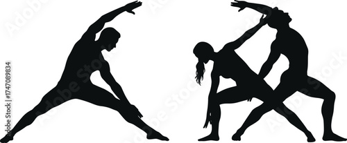 Silhouette of man and woman performing yoga stretching and balance poses together in fitness workout illustration design