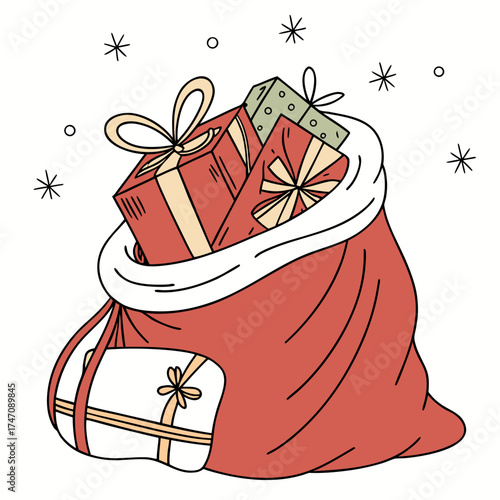 Red Santa sack overflowing with gifts and stars christmas