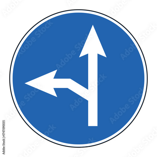 Circular blue traffic sign showing straight ahead and left turn arrows symbols vector
