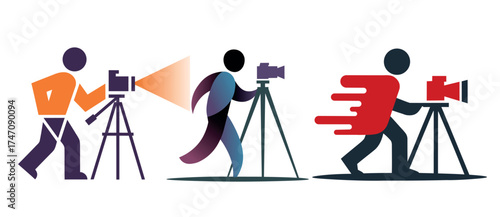 Walking Videographer with Camera on Tripod Silhouette – Professional Cameraman Icon for Video Production, Filmmaking, and Media Logo Design