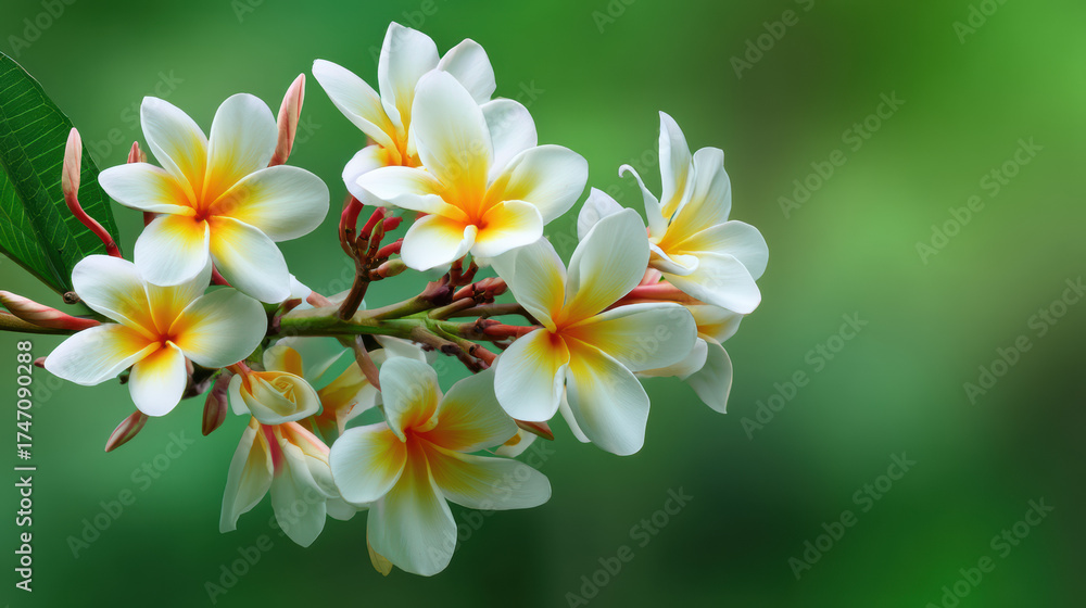 Fototapeta premium A cluster of delicate white and yellow plumeria blossoms with vibrant orange centers is displayed against a soft green bokeh background creating a tropical vibe.