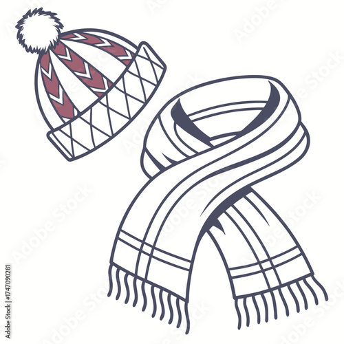 Winter hat and scarf icon with plaid pattern vector