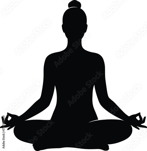 Silhouette of woman meditating in lotus yoga pose representing peace, mindfulness, balance, relaxation, and inner wellness illustration
