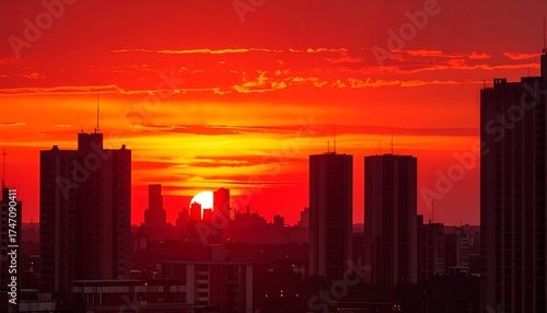 Fiery sunset over a city skyline. Silhouetted skyscrapers against a vibrant red and orange sky.  A brilliant sun is positioned centrally within the fiery clouds