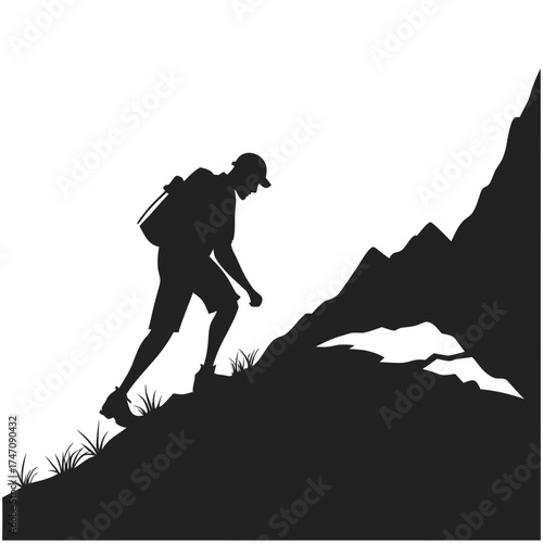 Black silhouette of a hiker climbing a mountain peak