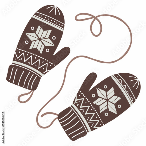 Brown mittens with snowflake pattern and string gloves