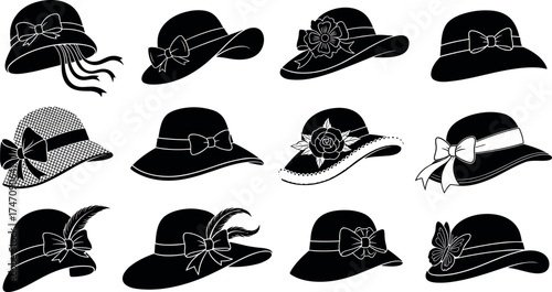 Women’s hat silhouette icon set with bows, feathers, and floral decorations, black vector design for fashion, vintage, and accessory themes