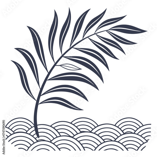 Dark blue palm frond over stylized wave pattern palm leaf