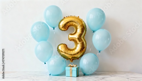 Baby boy birthday greeting card with golden number three balloon with blue balloons a0nd gift on marble surface