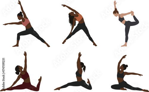 Women performing various yoga poses and stretching exercises promoting flexibility, strength, balance, mindfulness, and overall body wellness illustration