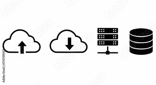 Minimal 4 Icon Vector Set – Cloud Computing Symbols of Cloud Upload, Cloud Download, Server and Database in Black SVG Line Art on White Background