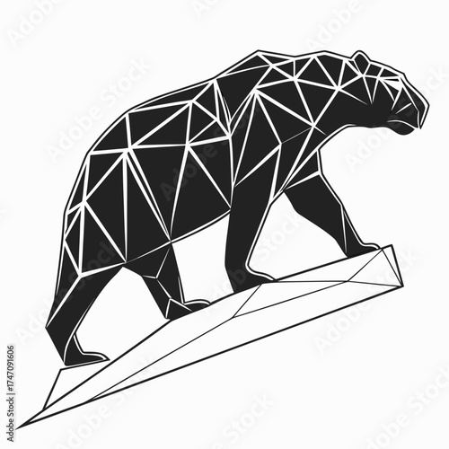 Black geometric bear on abstract mountain animal low poly