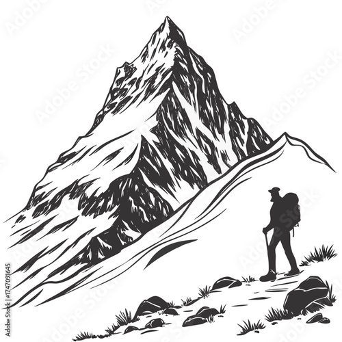 Black silhouette hiker on snowy mountain slope peak