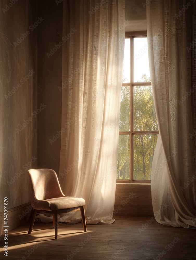 Fototapeta premium Cozy Sunlight in Serene Interior: A sun-drenched room with a solitary chair positioned before a window framed by flowing, translucent curtains. Soft light dances through the fabric.