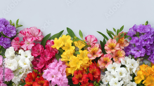 Wallpaper Mural An assortment of vibrant multicolored flowers including stock, alstroemeria, and greenery are arranged on a light gray background creating a border effect. Torontodigital.ca