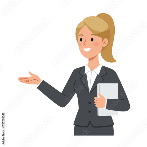 Professional businesswoman gesturing and holding documents presenting ideas confidently illustration