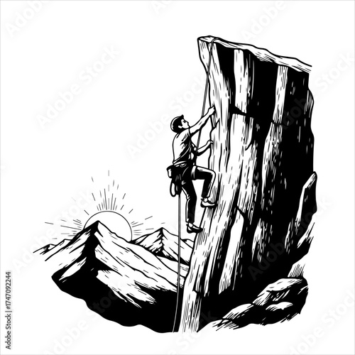 A hand-drawn illustration of a rock climber scaling a steep cliff with mountains and a sunrise in the background.