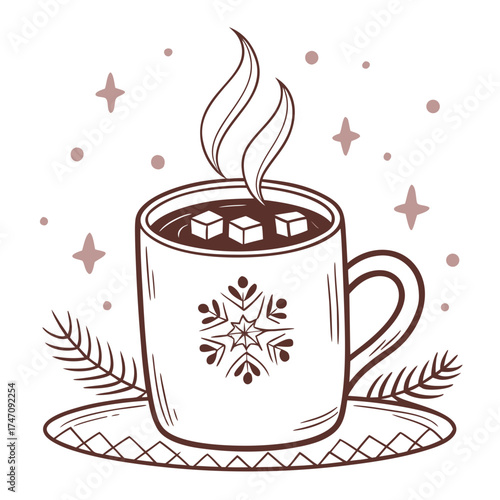 Hot chocolate mug with marshmallows and snowflake design
