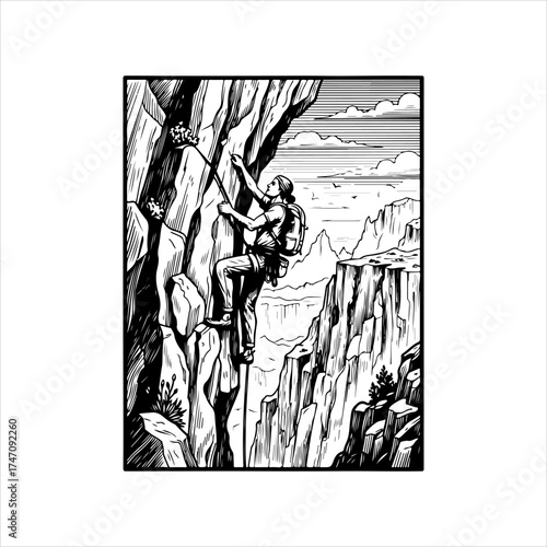 A black and white illustration of a rock climber scaling a steep mountain cliff face in a vast landscape.