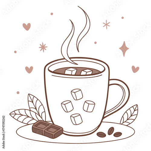 Hot chocolate mug with marshmallows and chocolate bar