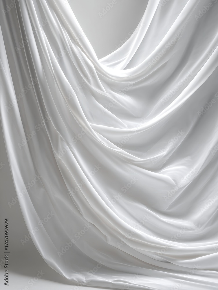 Obraz premium Soft Drapes of Fabric: Gentle folds of a pristine white fabric cascade gracefully, with each delicate curve catching the light and casting subtle shadows, creating a sense of calm and elegance.