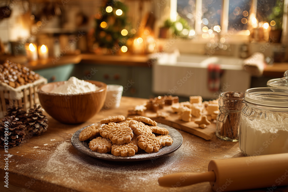 Fototapeta premium Baking cookies in a cozy kitchen filled with the magic of Christmas Eve as the aroma fills the air in anticipation of the festive celebration