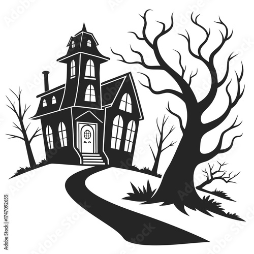 Spooky haunted house with bare trees vector mansion