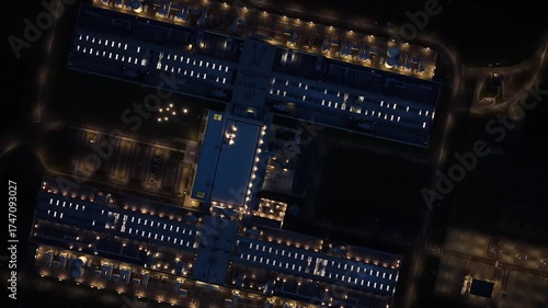 Illuminated data center and high-tech servers in Odense at night.