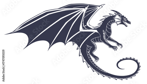 Majestic Flying Dragon with Spread Wings - Fantasy Mythical Creature Art Illustration