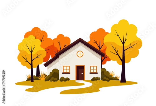 Charming autumn cottage nestled among vibrant orange and yellow trees with cozy atmosphere and inviting pathway under a bright and clear sky