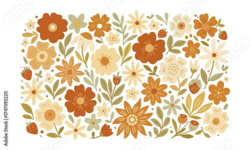Sage & Mustard Floral Scatter – Contemporary Folk Pattern Panel, Clean Vector, textile pattern print, fabric print, easily editable