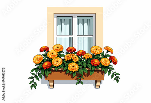 Vibrant Orange and Yellow Flowers in a Wooden Window Box Illuminated by Soft Sunlight