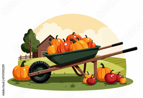 A picturesque autumn farm scene featuring a wheelbarrow overflowing with ripe pumpkins set against a rustic barn backdrop in a serene rural landscape.