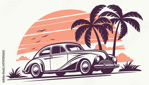 Classic Car Sunset Cruise with Palm Trees - Tropical Beach Vacation Art