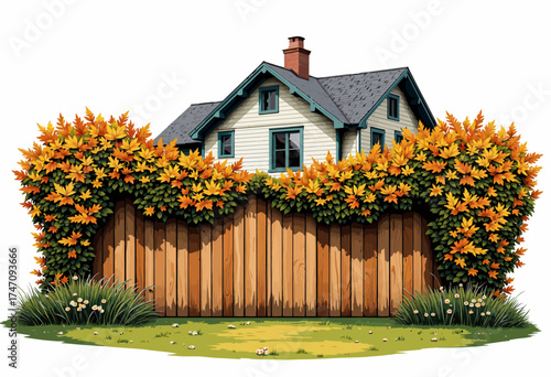 Charming Suburban House Behind a Wooden Fence Surrounded by Lush Autumn Foliage and Vibrant Green Garden in a Cozy Neighborhood Setting
