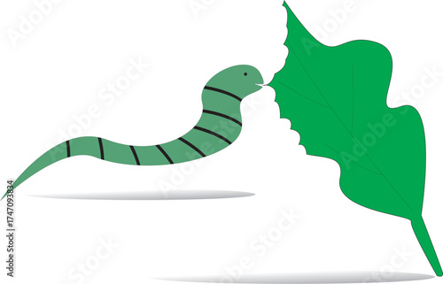 Cute Green Caterpillar Eating Fresh Leaf Vector Illustration
