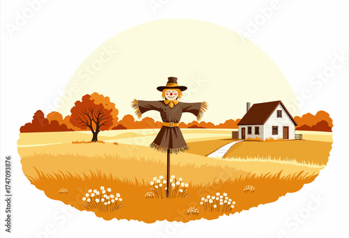Charming countryside autumn landscape with scarecrow standing guard over golden fields under the warm glow of a setting sun, rustic house in the background