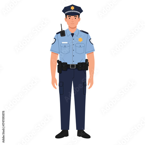 Full body front view of a police officer in uniform with accessories standing ready illustration